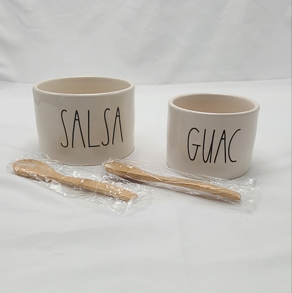 Rae Dunn Artisan Collection Salsa and Guac bowls with Bamboo Spoons Set NWOT